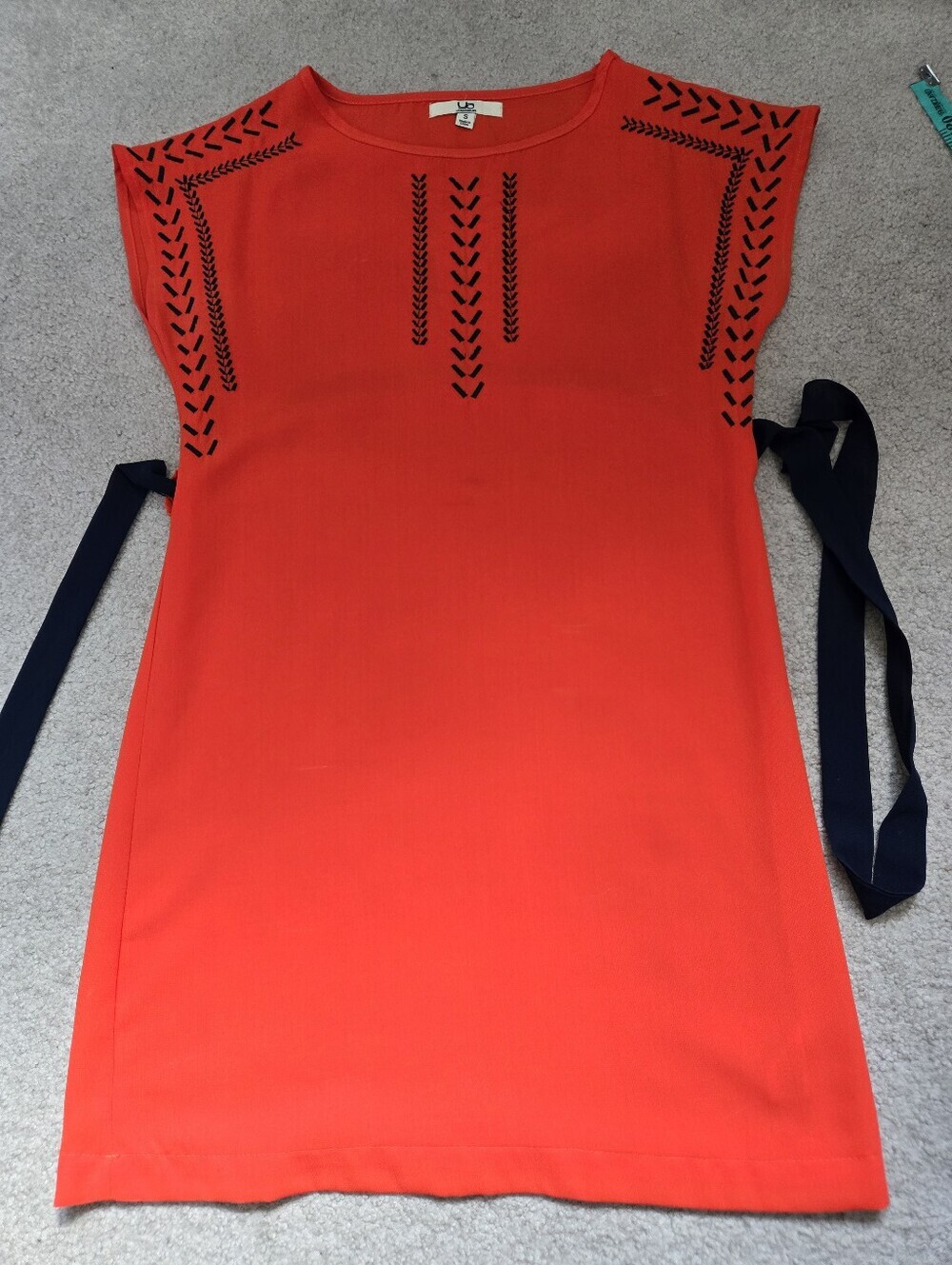 Ya Los Angeles Bright Orange Dress With Navy Embroidery. Belted Dress. Size Sm - Picture 8 of 12